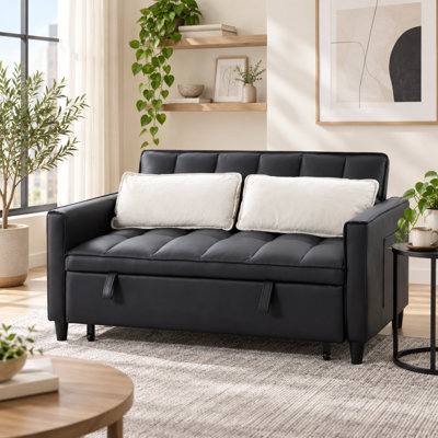 53.9" Black Faux Leather Loveseat Sleeper Sofa Convertible Sofa Bed with Adjustable Backrest for Small Space