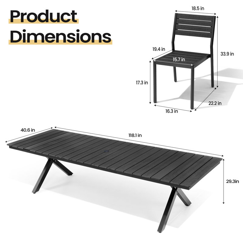 12 - Person Aluminum Rectangular Outdoor Dining Set with Umbrella Hole and Stackable Chairs, Black