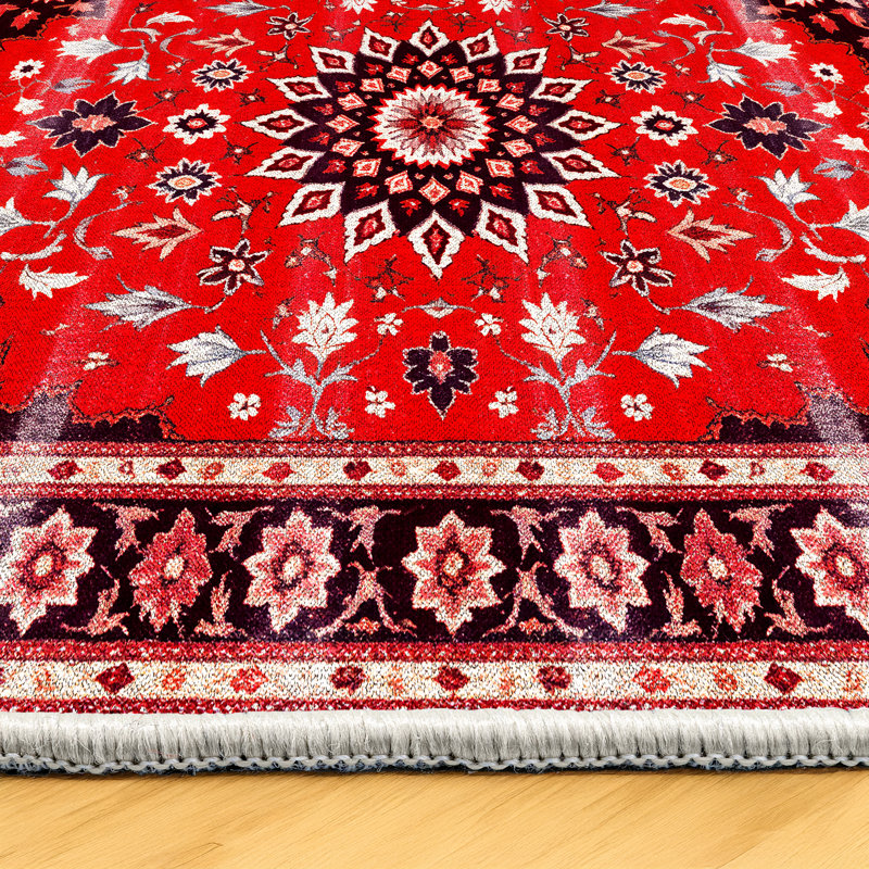 Edith Collection Digital Print Cotton-Polyester Red Moroccan Rug, Rectangle 4' x 7'3"