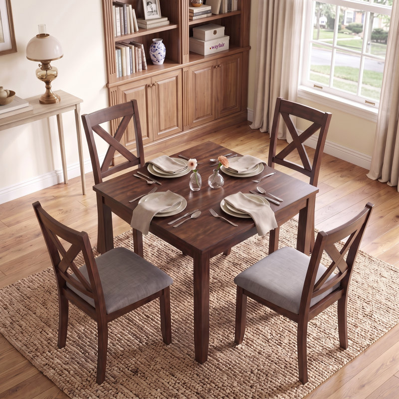 Ensemble de table de salle à manger carrée 5 pièces en bois, ensemble de table de cuisine compacte au fini noyer comprenant 4 chaises rembourrées rembourrées, mobilier de salle à manger peu encombrant