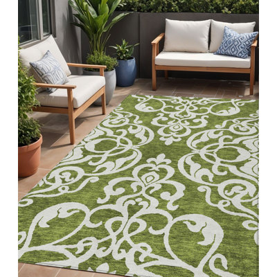 Tapis intérieur lavable damassé vert et ivoire 5 pi x 8 pi