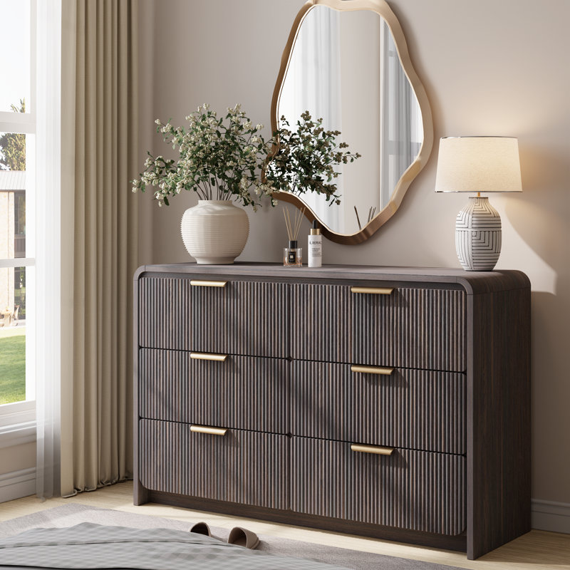 Commode 6 tiroirs l 47 po, commode moderne à bord courbé, organisateur de placard pour le couloir du salon de la chambre à coucher