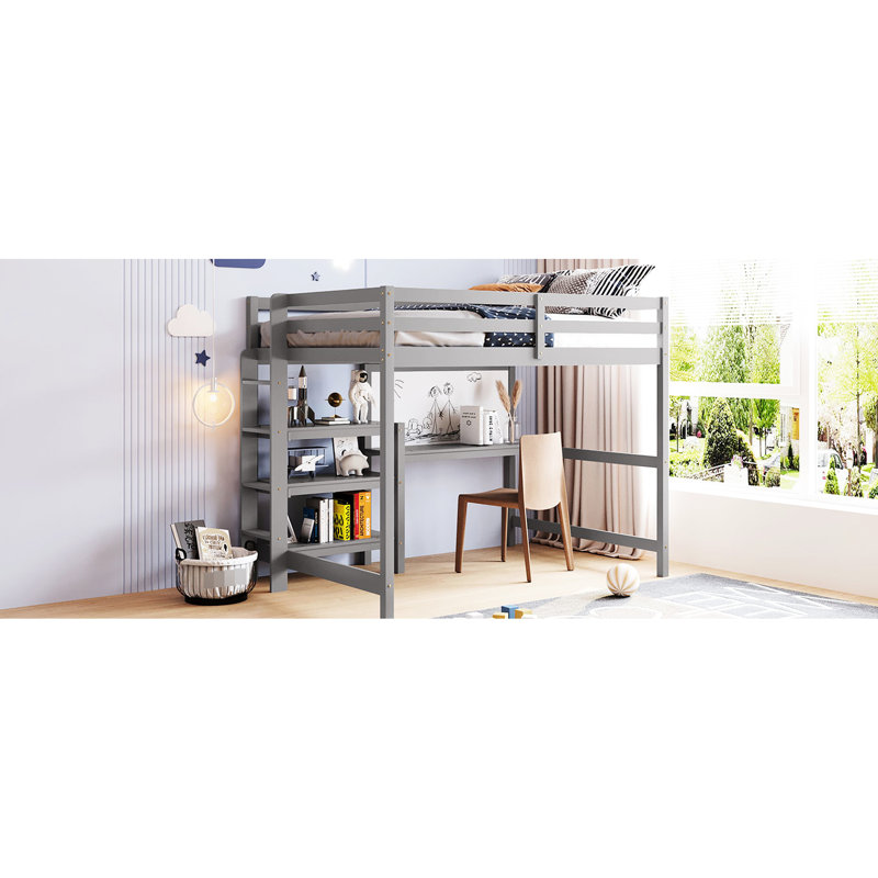 Lit mezzanine double confortable avec tablettes, bureau, tableau d'écriture en bois gris. Avec pour des espaces pratiques. Construire et pin. Aucune fondation nécessaire. L 79,5 po x l 57 po x H 65 po