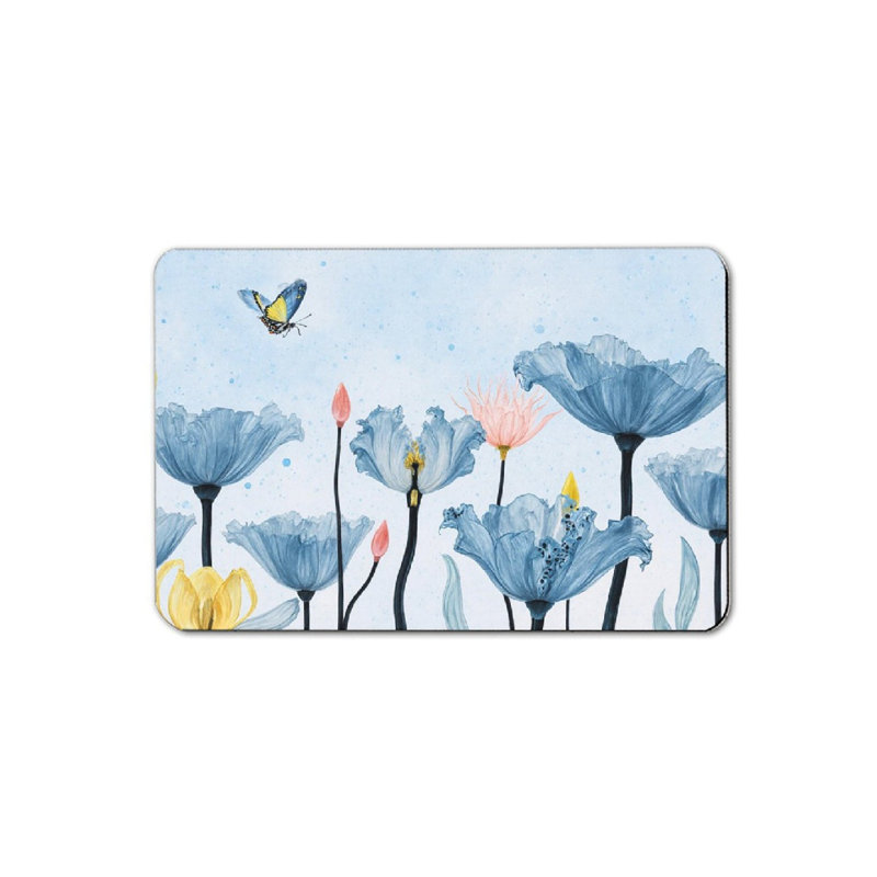 Tapis de bain bleu aquarelle coquelicots, 16 x 24 po, Coquelicots bleu / jaune