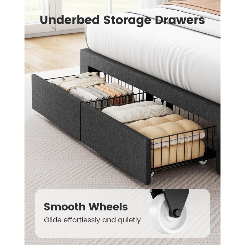 Upholstered Bed Frame With 2 Storage Drawers, Bed Frame With Upholstered Headboard,Dark Gray, Queen