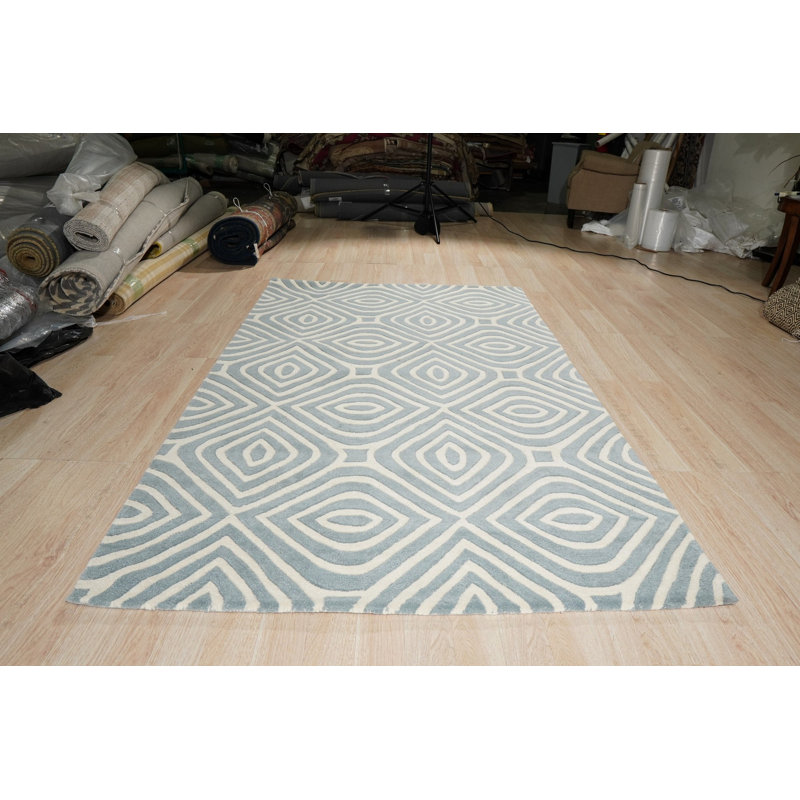 Tapis bleu contemporain en laine touffeté à la main Rhea, Rectangulaire 8 pi x 10 pi