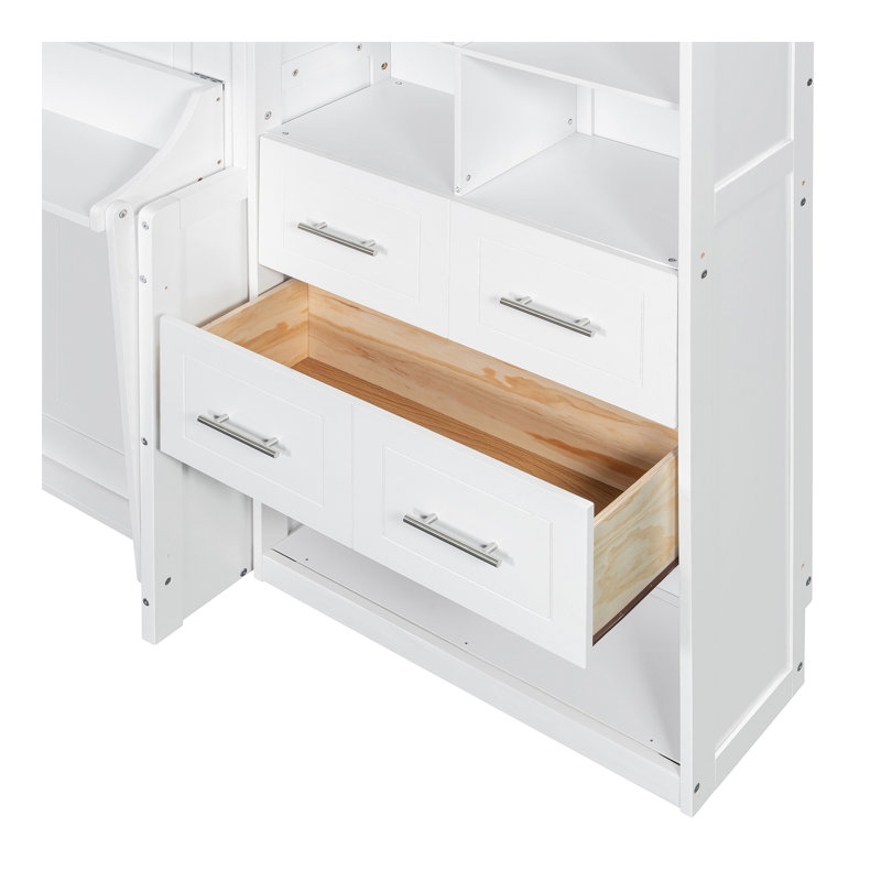 Lit escamotable double pleine grandeur avec placard, tiroirs et tablettes, blanc