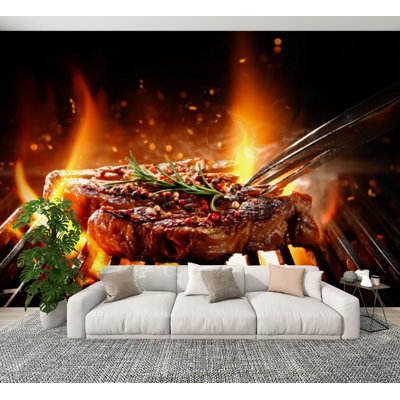 Peel and Stick Wallpaper entrecote beef steak grill rosemary pepper salt steak Wall Murals 69"H x 96"W Removable PVC Wall Paper Self-Adhesive Wall Decor for Bedroom Living Room Home Office