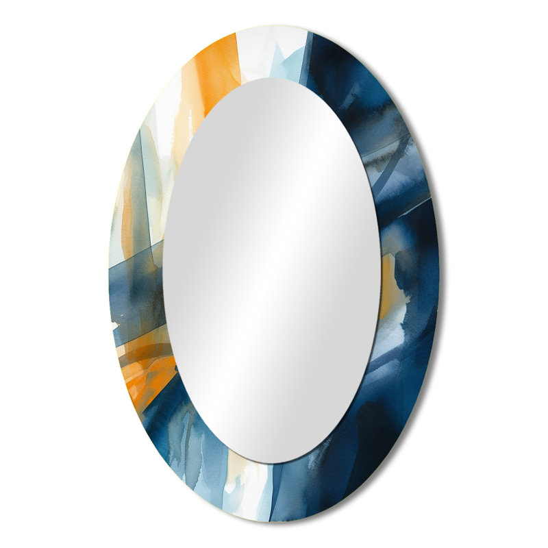 Miroir décoratif ovale abstrait en métal bleu et doré Fusion VII, 36 po x 24 po