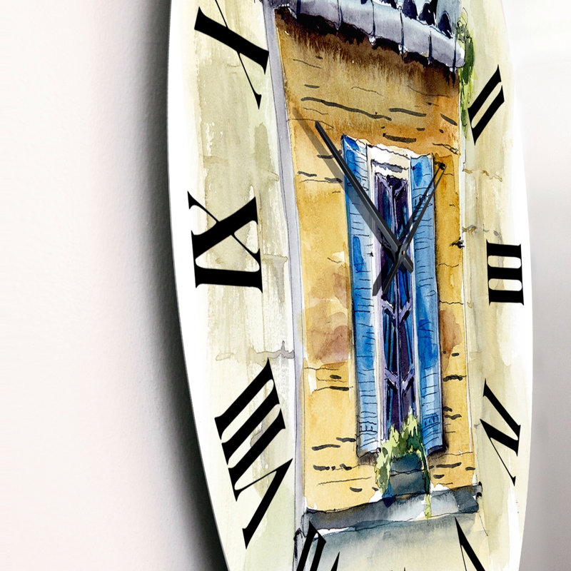 Fenêtre bleue dans une maison rustique - horloge murale rétro, Moyen
