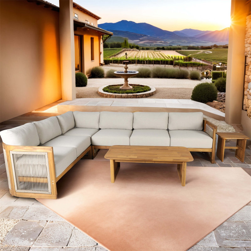 L-Shape 5-Seat Solid Acacia Sectional Sofa Set With Side & Rectangle Coffee Table