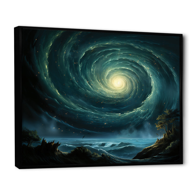Art mural vert vert trou noir céleste, Cadre flottant noir, H 34 po x l 44 po x P 1,5 po