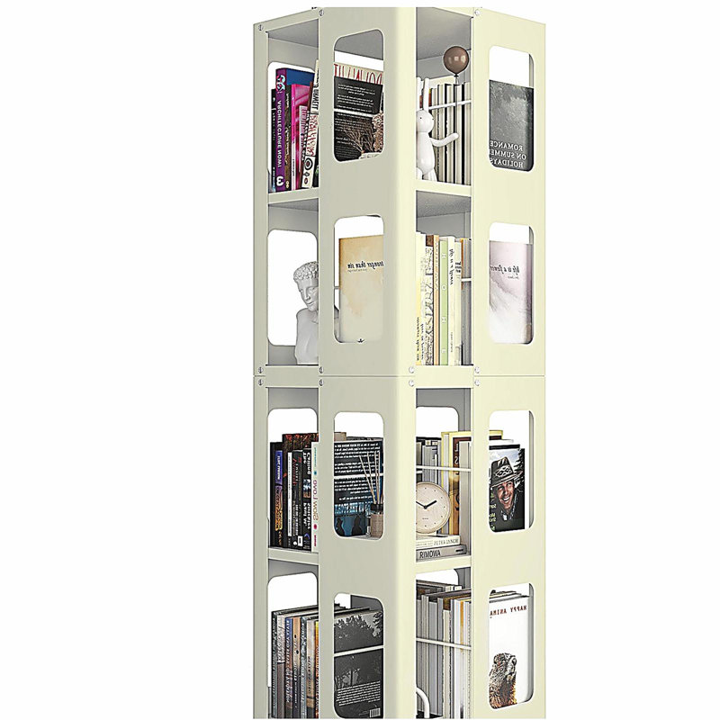 4-Tier Steel Rotating Bookshelf with 360° Wheels, Book Rack, Yellow