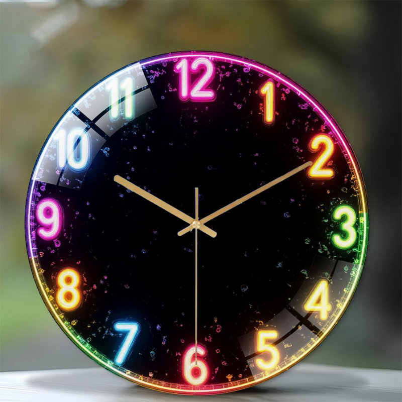 Neon Rainbow Wall Clock Light Up Home Decor Art - 12'' Modern Glass Wall Clock