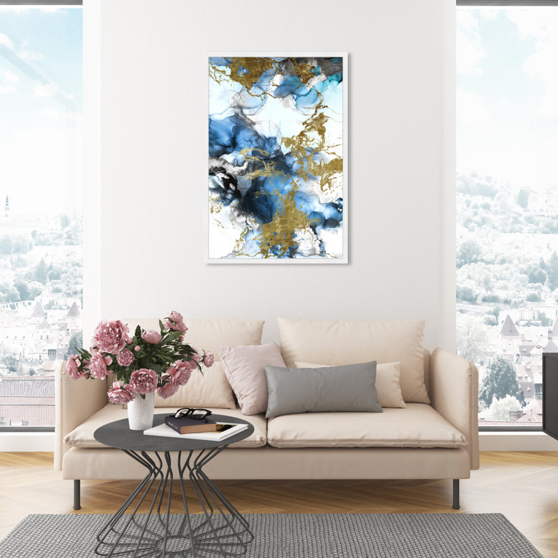 «Blue Gold Abstract Shapes Coastal», reproduction d'art encadrée pour chambre à coucher, L 32 po x H 47 po, Blanc