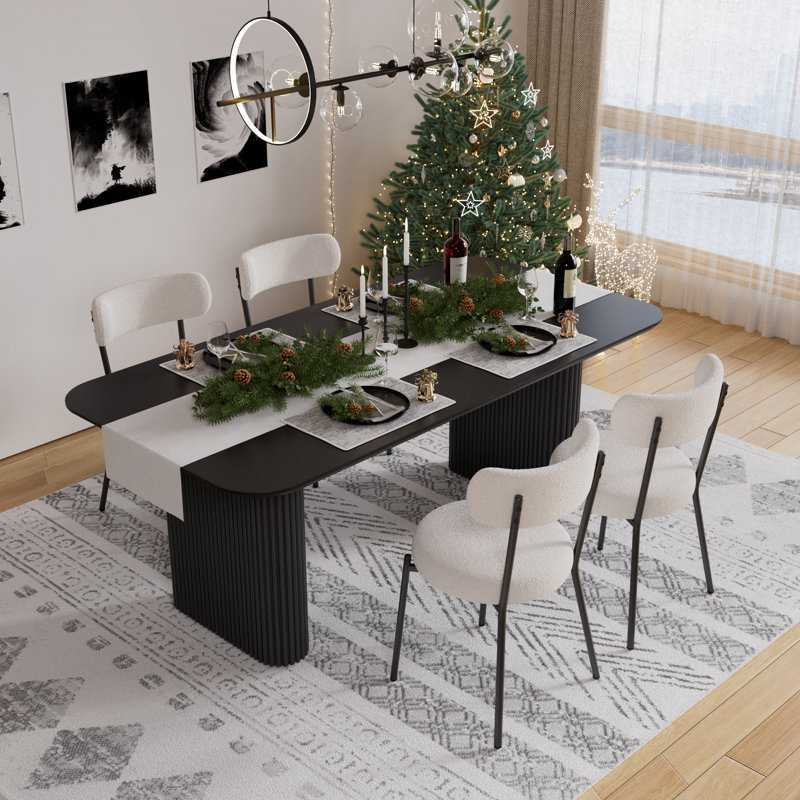 Ensemble de salle à manger rectangulaire à double piédestal avec table de salle à manger de style crème, 5, Blanc/Noir