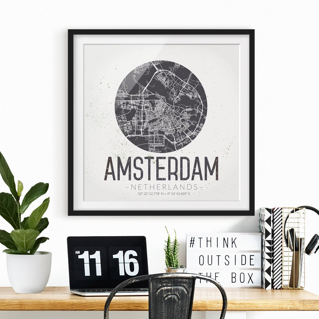 Gerahmtes Papierbild Stadtplan Amsterdam - Retro