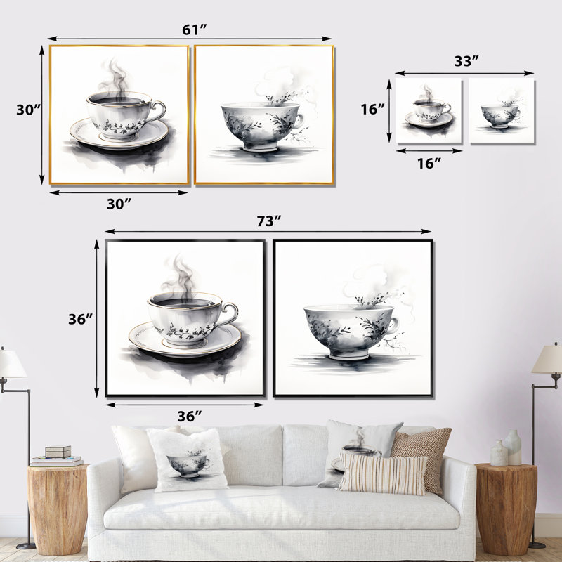 Thé noir noir et blanc Elegance I - ensemble de 2 impressions sur toile chinoises, Cadre flottant noir