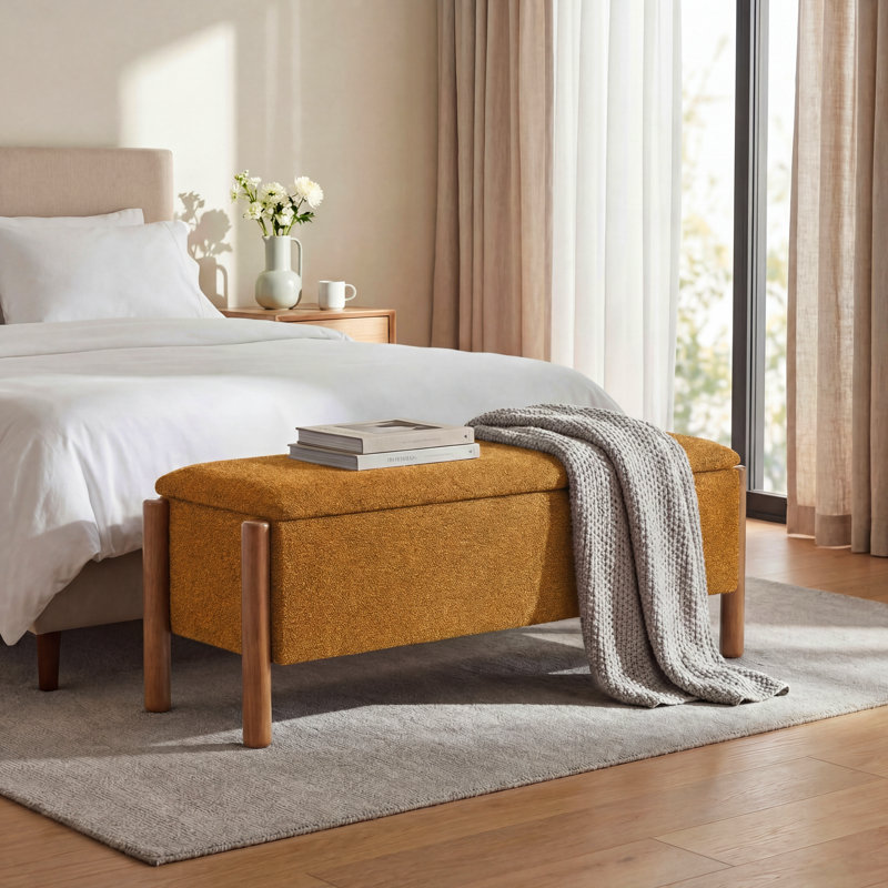 47'' Modern Upholstered Storage Bench With Walnut Wood Legs, Orange