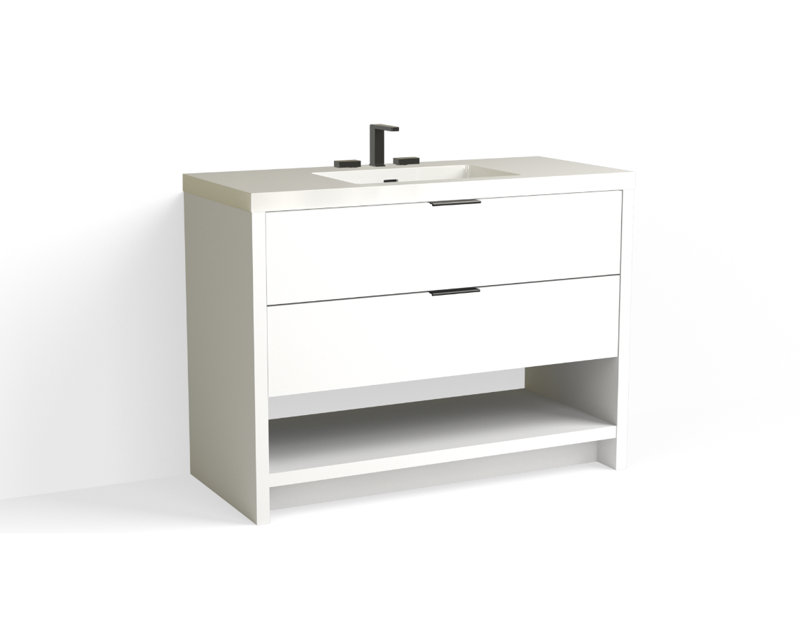 Vue 48" W Freestanding Single Bathroom Vanity, Glossy White/8" Widespread, White Nanomatte, Matte Black