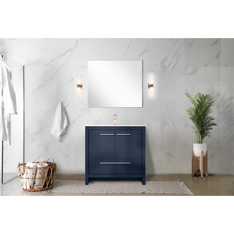 Meuble-lavabo bleu marine 36 po L 20 po x P 20 po, comptoir en quartz blanc, robinet en or rose et miroir de 28 po, résistant aux égratignures et aux taches
