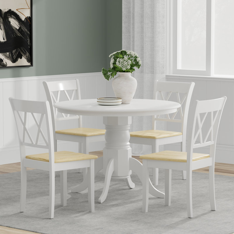 Ensemble de salle à manger en bois massif 4 personnes Ulancy, Blanc, Ensemble repas 5 pièces, Blanc / Naturel