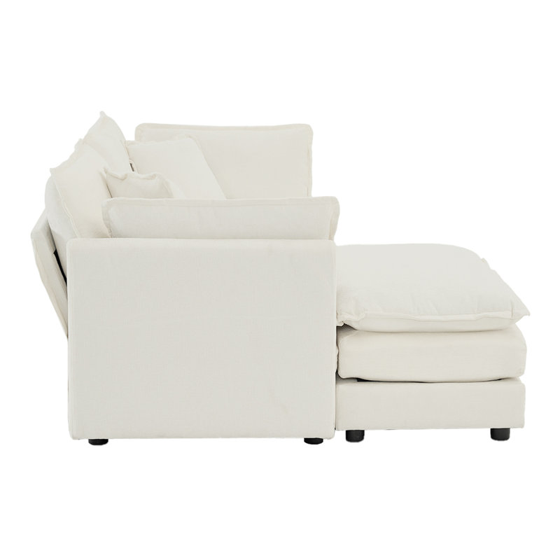 Canapé en chenille deux places avec repose-pieds, canapé modulaire en L avec repose-pieds 2 places, causeuse avec repose-pieds pour petit espace de vie, chenille blanche