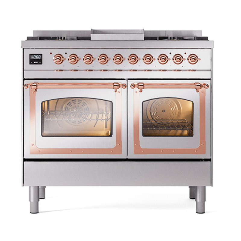 ILVE Nostalgie II Series Noblesse 40 inch Dual Fuel Range with 6 Sealed Burners, Griddle (Glass Door), Stainless Steel/Copper