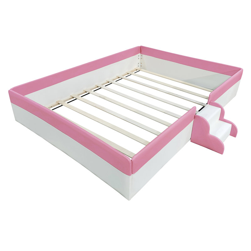  Upholstered Daybed Frame with PU Fence and 2-Tier Stair, Slatted Platform Bed,(PINK+WHITE), King