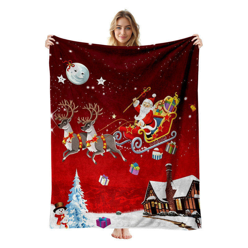 Plaid de Noël en flanelle polaire JYK, léger, respirant, doux et chaud en microfibre pelucheuse, 76 x 102 cm, motif traîneau de rennes volants