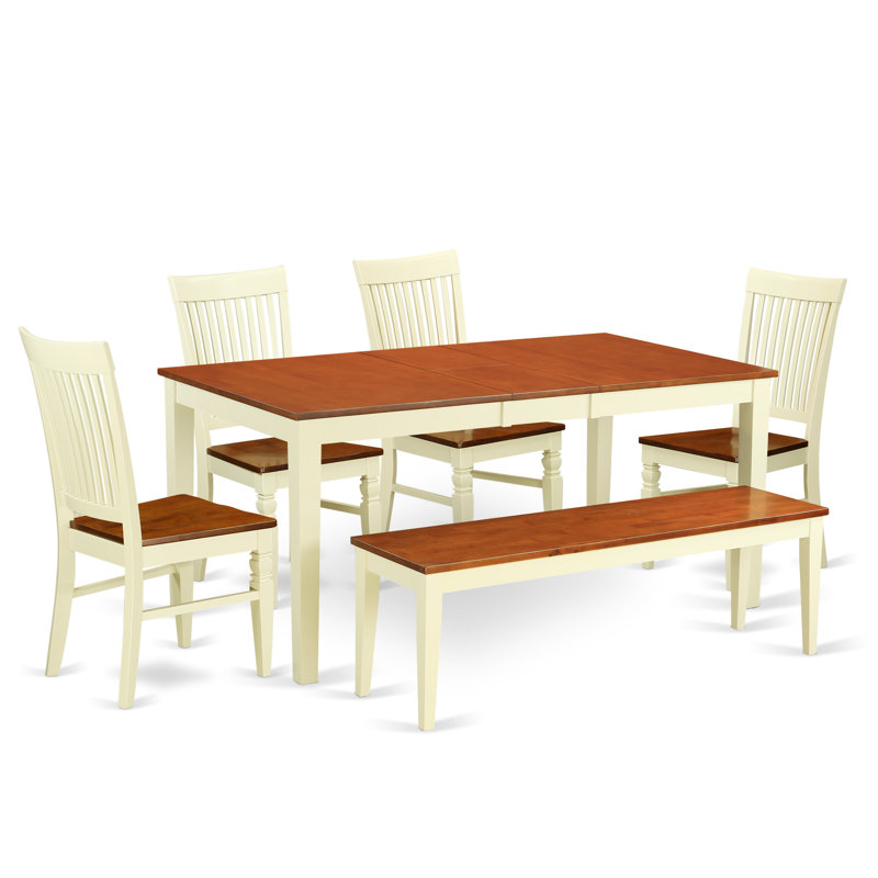 6 Piece Kitchen Table Set Contains a Rectangle Dining Table with Butterfly Leaf and 4 Dining Chairs with a Bench, Buttermilk & Cherry
