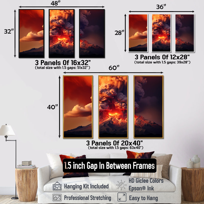 Ensemble de salon Volcano Volcanic Explosion VII - Volcano Wall Art, Cadre flottant noir, H 32 po x l 48 po x P 1 po