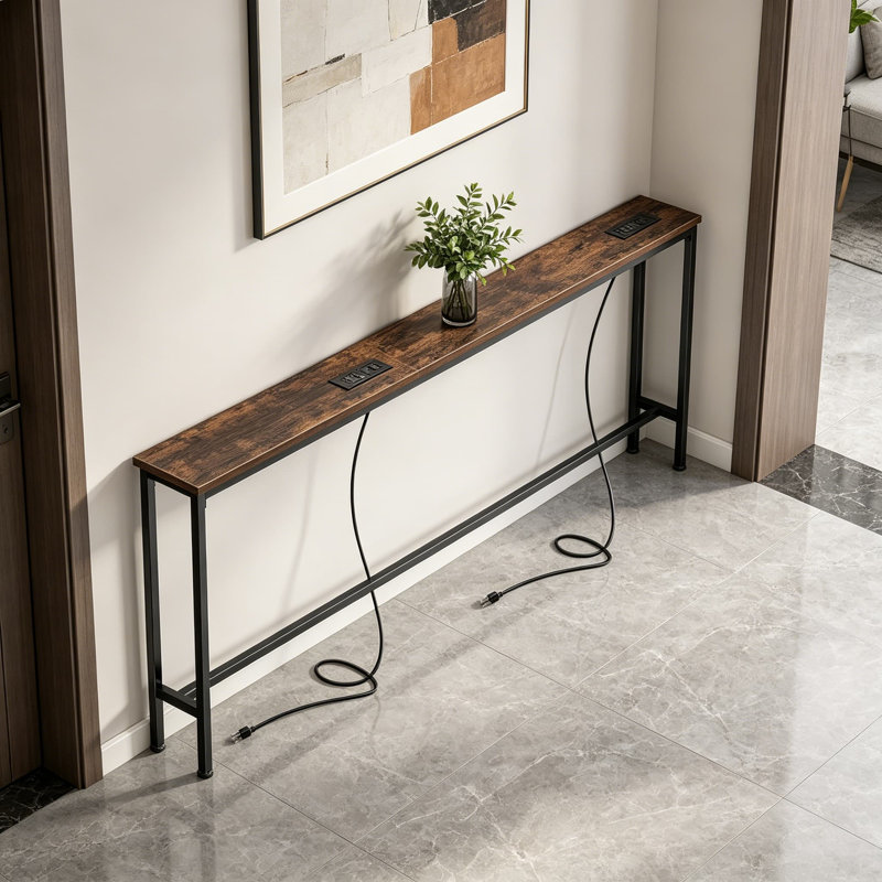Sofa Table With Power Outlets And USB-C Ports, Narrow Console Table With Storage For Behind Couch, Entryway, And Small Spaces, Rustic Brown