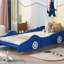 Lit plateforme simple en forme de voiture de course avec roues, durable et sécuritaire pour les chambres de personnes, bleu-118038806-118038809