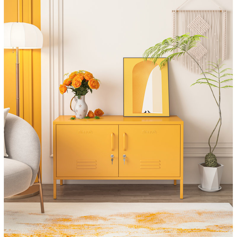 Large armoire de rangement verrouillable en métal avec 2 portes et 2 tablettes réglables à 2 niveaux, console multimédia multifonctionnelle pour le salon
