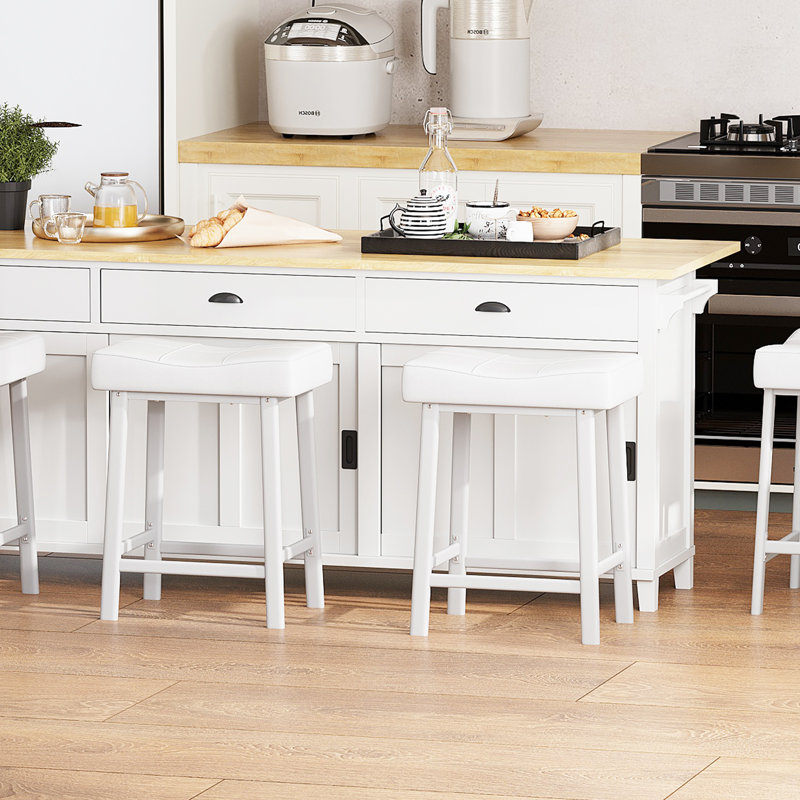 Upholstered Counter Stool with Metal Frame, White, White