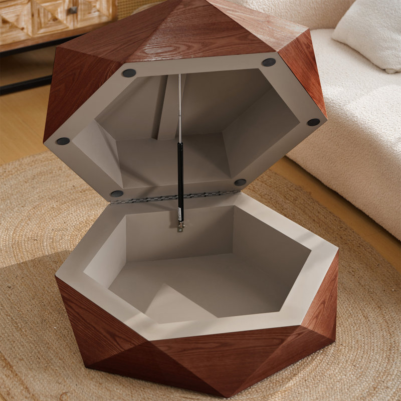 Table basse 36,61 po de style rétro à dessus rabattable avec rangement caché et placage de bois massif, Brun