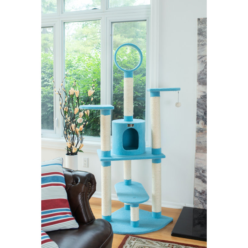Sky Blue 65-Inch Faux Fleece and Sisal Cat Tree