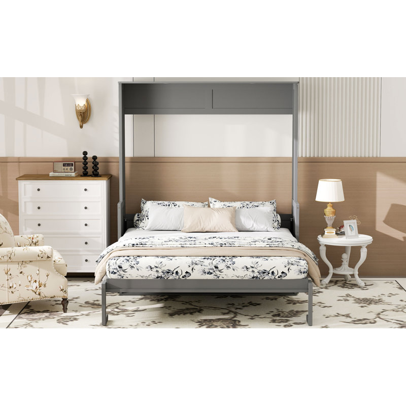 Grand lit escamotable avec bureau, lumières DEL et station de charge USB, gris