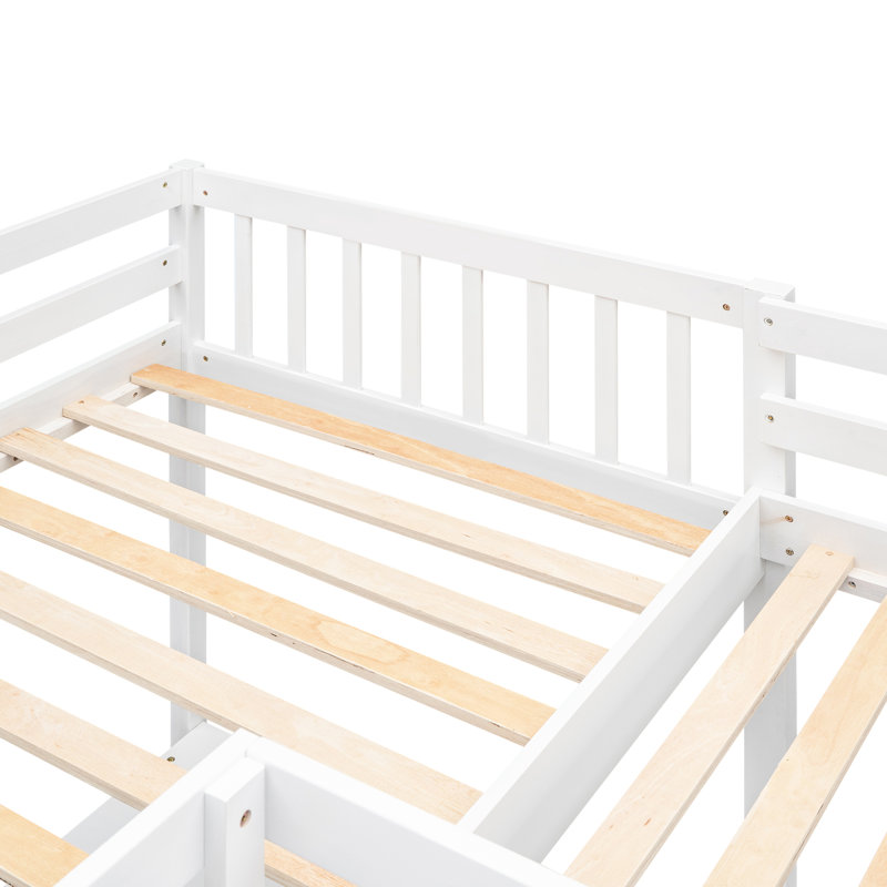 Lit mezzanine blanc en L simple avec 2 bureaux de travail intégrés, 1 lit simple en bois et un bureau, Blanc
