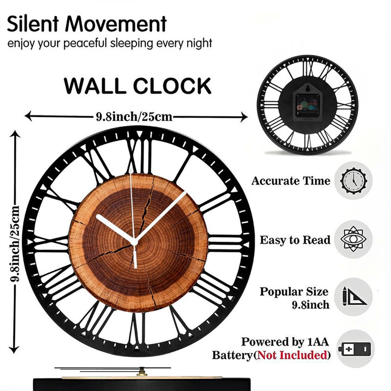 Horloge murale ronde en fer 10 po avec mouvement à quartz silencieux, chiffres romains, impression UV, Chêne