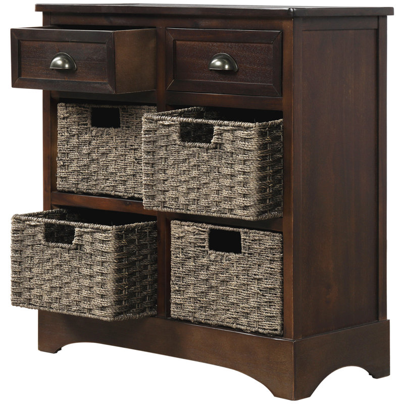 TREXM Rustic Storage Cabinet With Two Drawers And Four Classic Rattan Basket For Dining Room/Living Room, Espresso