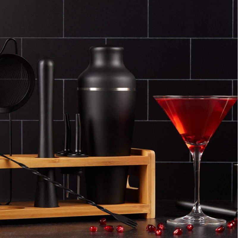 Matte Black 8-Piece Stainless Steel Cocktail Shaker Set with Bamboo Stand