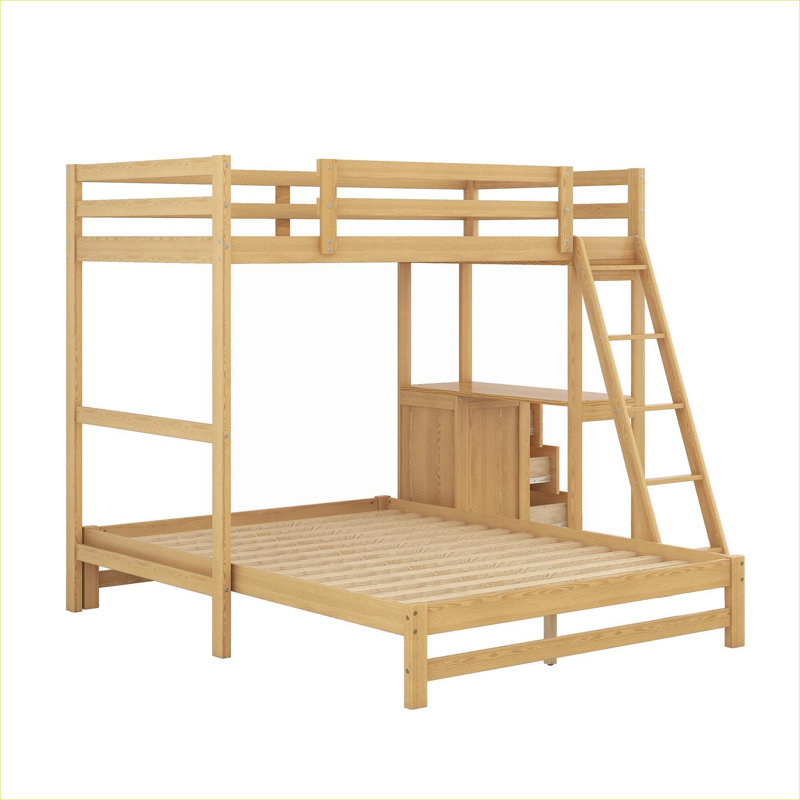 Lit superposé avec rangement simple et double avec bureau intégré et trois tiroirs, fabrication en pin massif aux tons naturels
