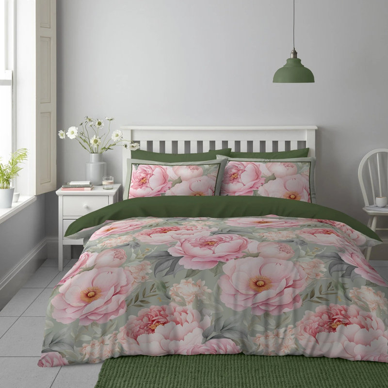 BELLA FLORA MICROFIBER DUVET SET HAZEL GREEN KING, Double Duvet Cover + 2 Standard Pillowcases