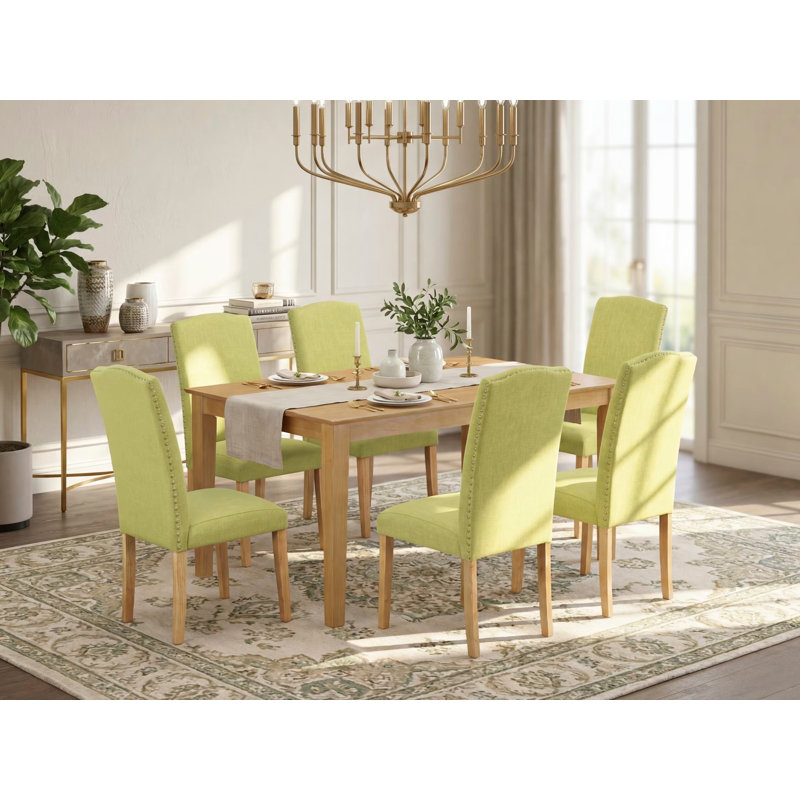 Renae Rubberwood Solid Wood Dining Set, Oak, 7 Pieces: Table, 6 Chairs, Limelight