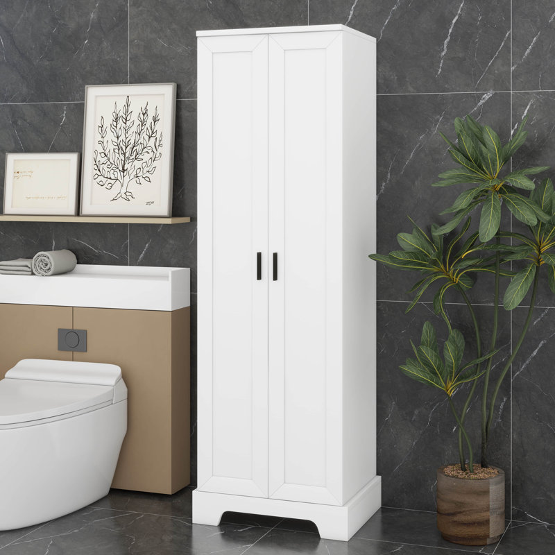 Armoire de rangement pour salle de bain, armoire de rangement haute avec 2 portes, tablette réglable, panneau de fibres à densité moyenne, conception anti-basculement