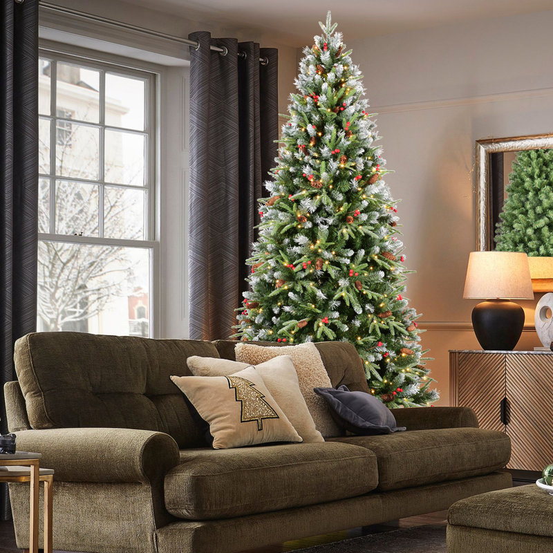 Arbre de Noël 7 pi avec 450 lumières DEL blanc chaud et branches en PE + PVC enneigées, 7', Illuminée