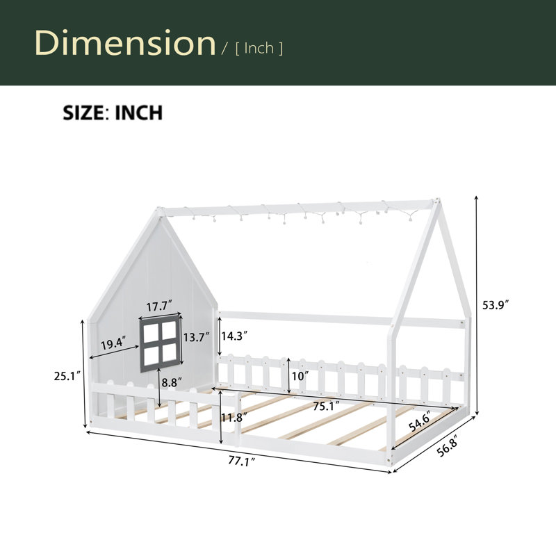 Lit double en bois avec fenêtre et clôture, Blanc
