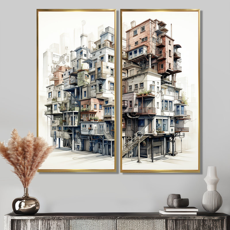 Dessin d’analytique de bâtiments de ville IV - Art mural de bâtiments de ville, 32" H x 32" W, Impression encadrée flottante